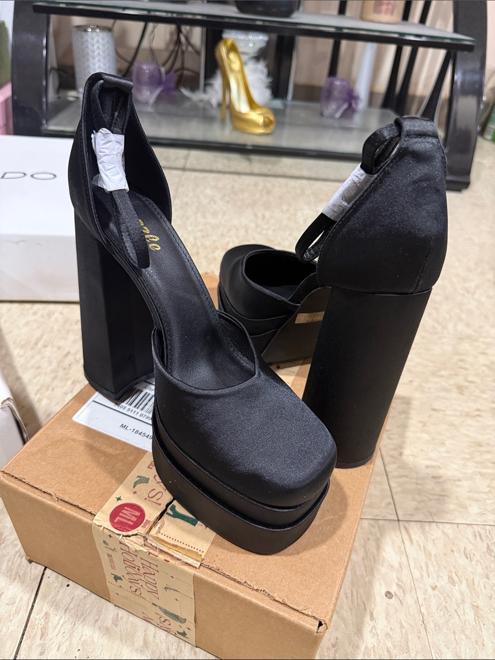 Satin Black Platform Block Heel with Ankle Strap